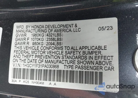 2023 Honda Accord Ex z USA, uszkodzony, nr VIN 1HGCY1F31PA030868